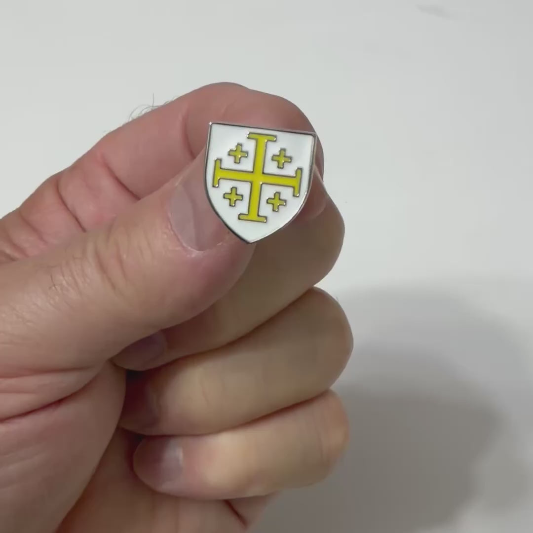 White and Gold Jerusalem Cross Christian lapel pin with polished silver finish and butterfly clutch backing displayed on a white background.