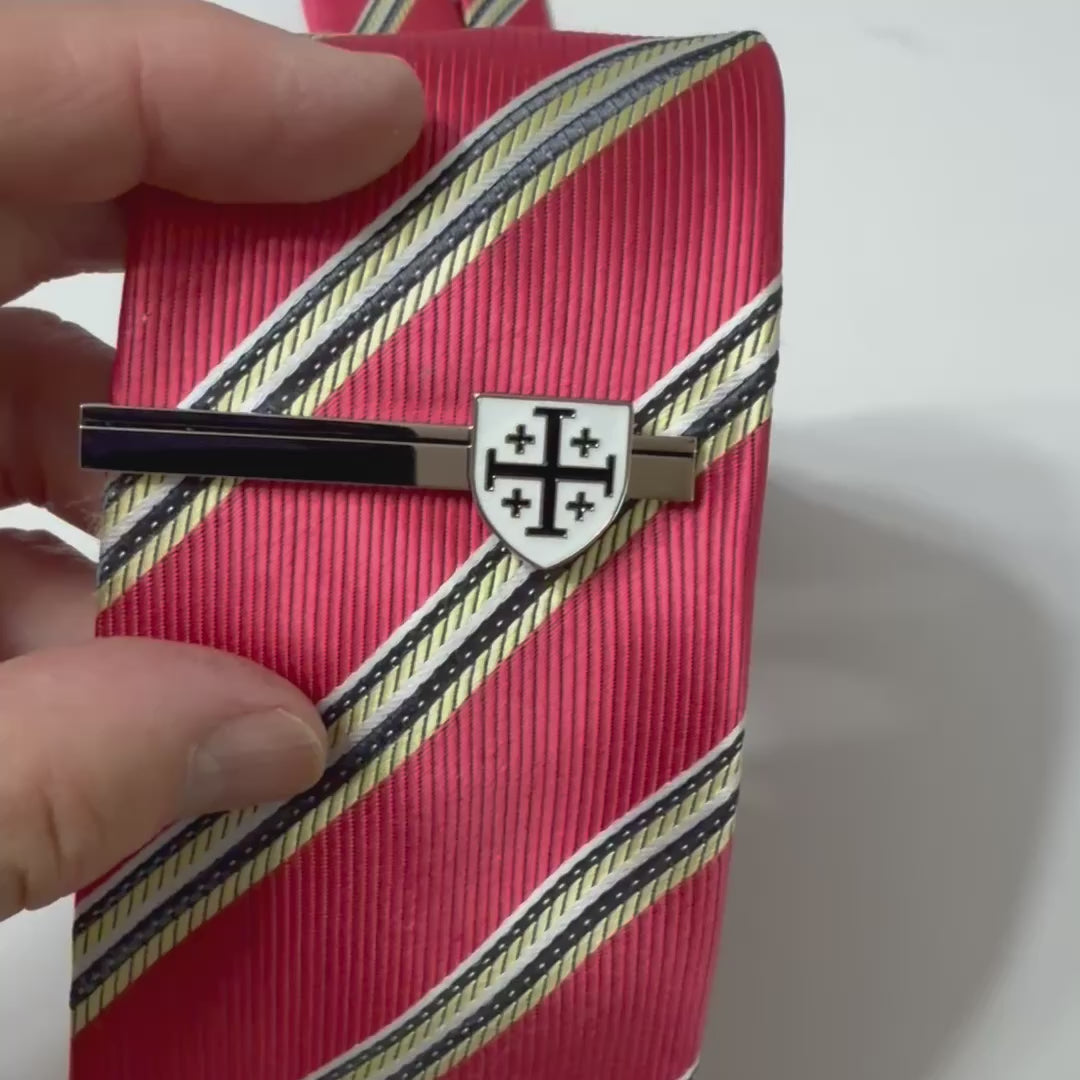 Black and white enamel Jerusalem Cross tie clip in polished silver for Christian men by Faithful Gentleman.