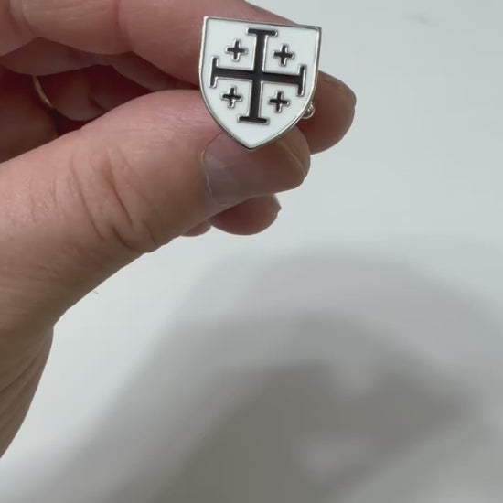 Black and white enamel Jerusalem Cross cufflinks with polished silver shield design for Christian men, Catholic gifts, weddings, church, and formal wear.
