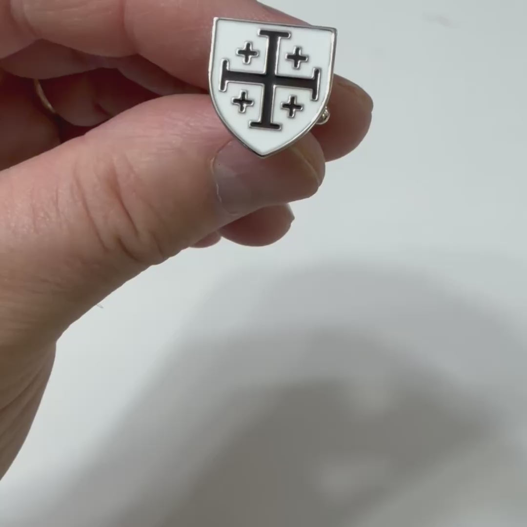 Black and white enamel Jerusalem Cross cufflinks with polished silver shield design for Christian men, Catholic gifts, weddings, church, and formal wear.