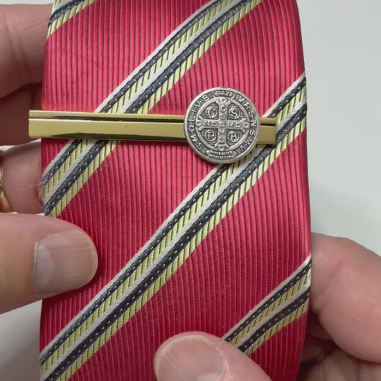 Saint Benedict Heritage gold tie clip featuring the Saint Benedict Medal handcrafted for Catholic men