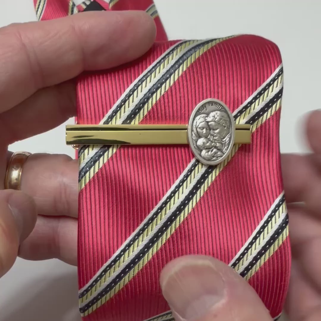 Holy Family Heritage gold tie clip featuring an antique silver Holy Family medallion for Catholic men.