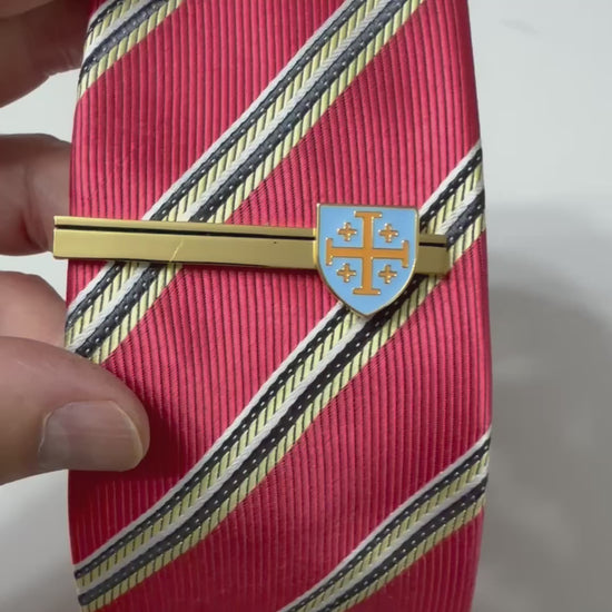 Jerusalem Cross Heritage Tie Clip in polished gold with blue enamel Christian cross design for men's formal wear, church, weddings, and business attire.