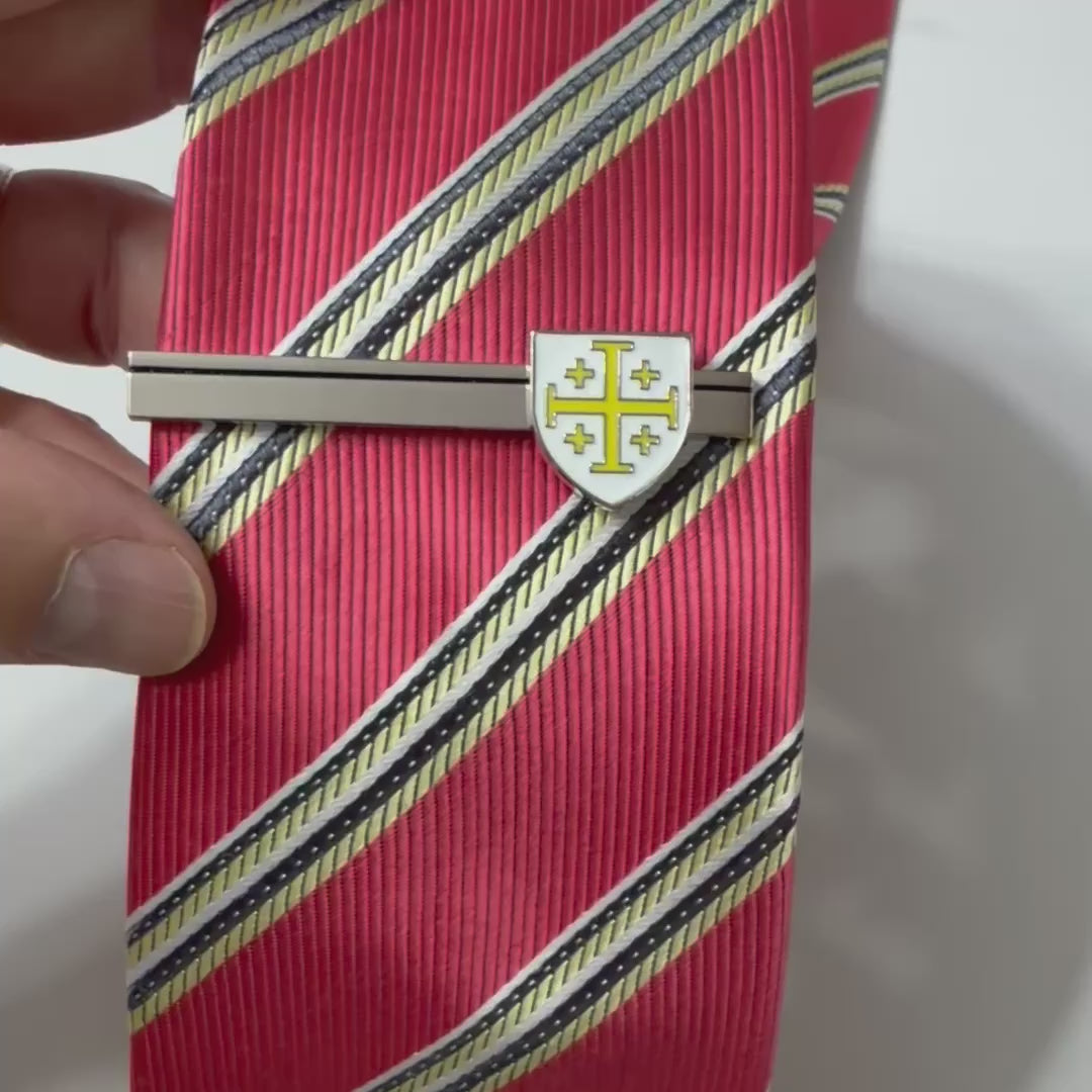 White and gold Jerusalem Cross tie clip in polished silver finish for Christian men, ideal for church, weddings, and formal wear.