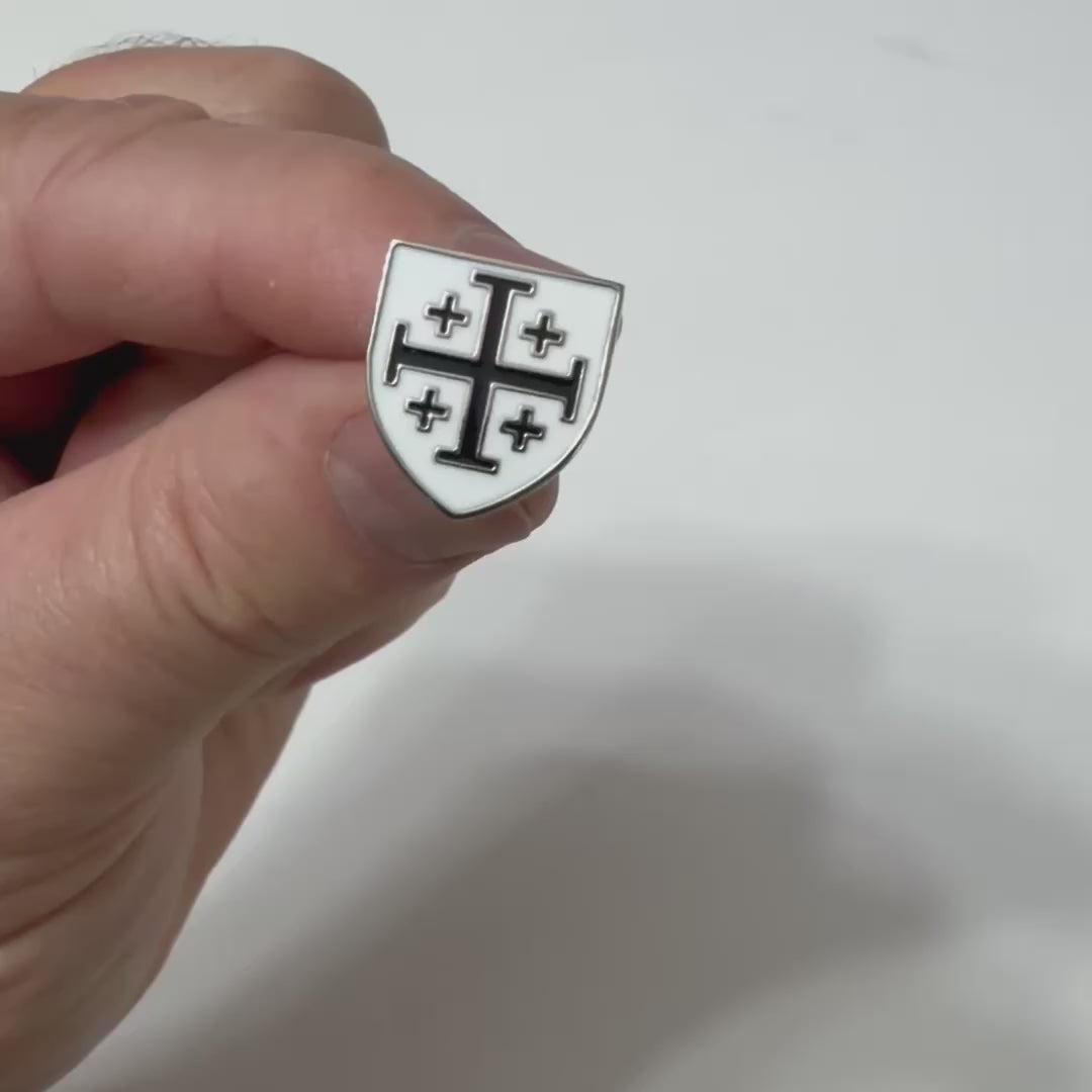 Black and white Jerusalem Cross shield lapel pin with silver-tone finish and butterfly clutch backing.