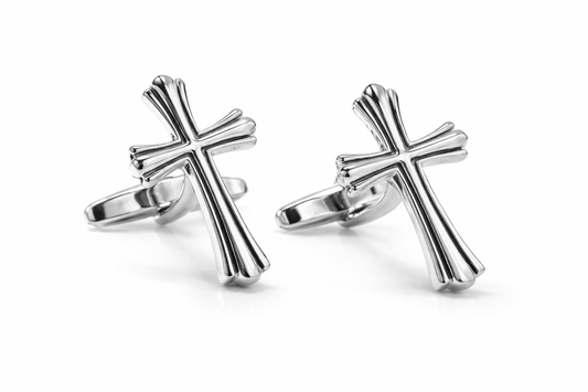 silver grooved cross cufflinks black enamel
